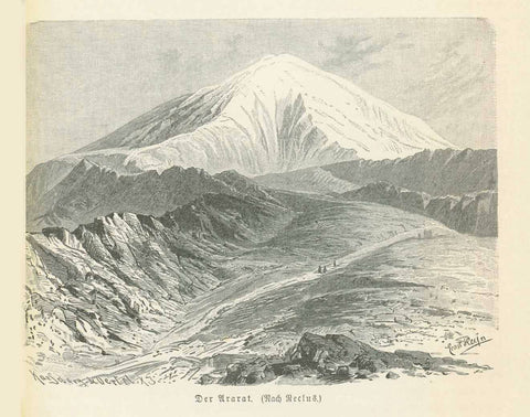 "Der Ararat"  Wood engraving on a page of text about the Ararat and Armenia  that continues on the reverse side. Published 1881.  Original antique print  