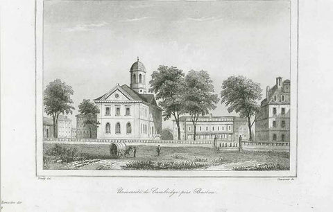 "Universite de Cambridge pres Boston"  Steel engraving by Chavannts after Fleury, 1837.  Original antique print 