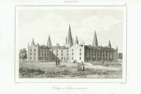 "College de Kenion (Etats de l'Ohio)" (Kenyon College in Gambier, Ohio)  Steel engraving by Lemaitre after Arnout, 1840.  Original antique print 