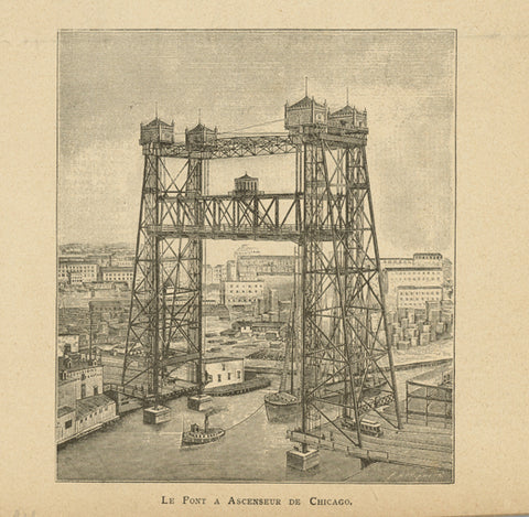 "Le Pont a Ascenseur de Chicago"  Wood engraving published 1894.  Original antique print  