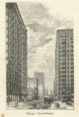 "Chicago. Himmelskratzer"  Wood engraving ca 1880. Reverse side is printed.