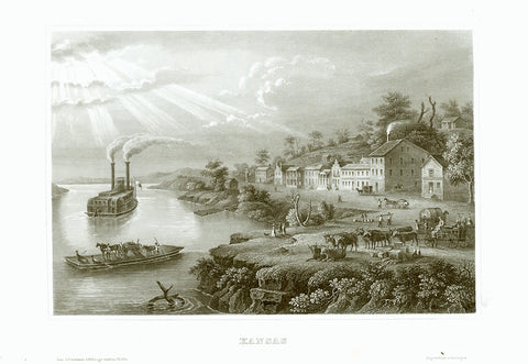 "Kansas" (Kansas City on the Missouri River)  Steel engraving from the Bibliograph. Institute in Hildburghausen ca 1850.