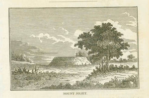 "Mount Joliet"  This wood engraving is on a page of English text about the mounds (tumulus) found in the Mississippi Valley. It is not sure if these mounds are manmade or alluvial deposits.  Published ca 1875.  Original antique print 