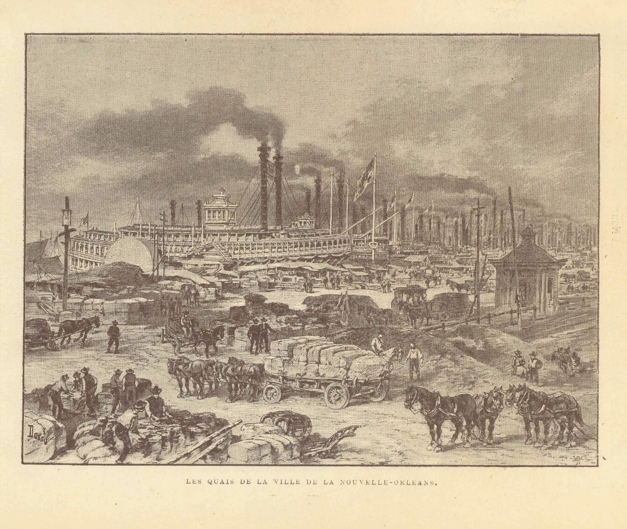 "Les Quais De La Ville De La Nouvelle Orleans"  Very busy scene on the docks of New Oreleans. In the background are steamships the travel on the Mississippi River.  Zinco graph published ca 1890.  Original antique print  