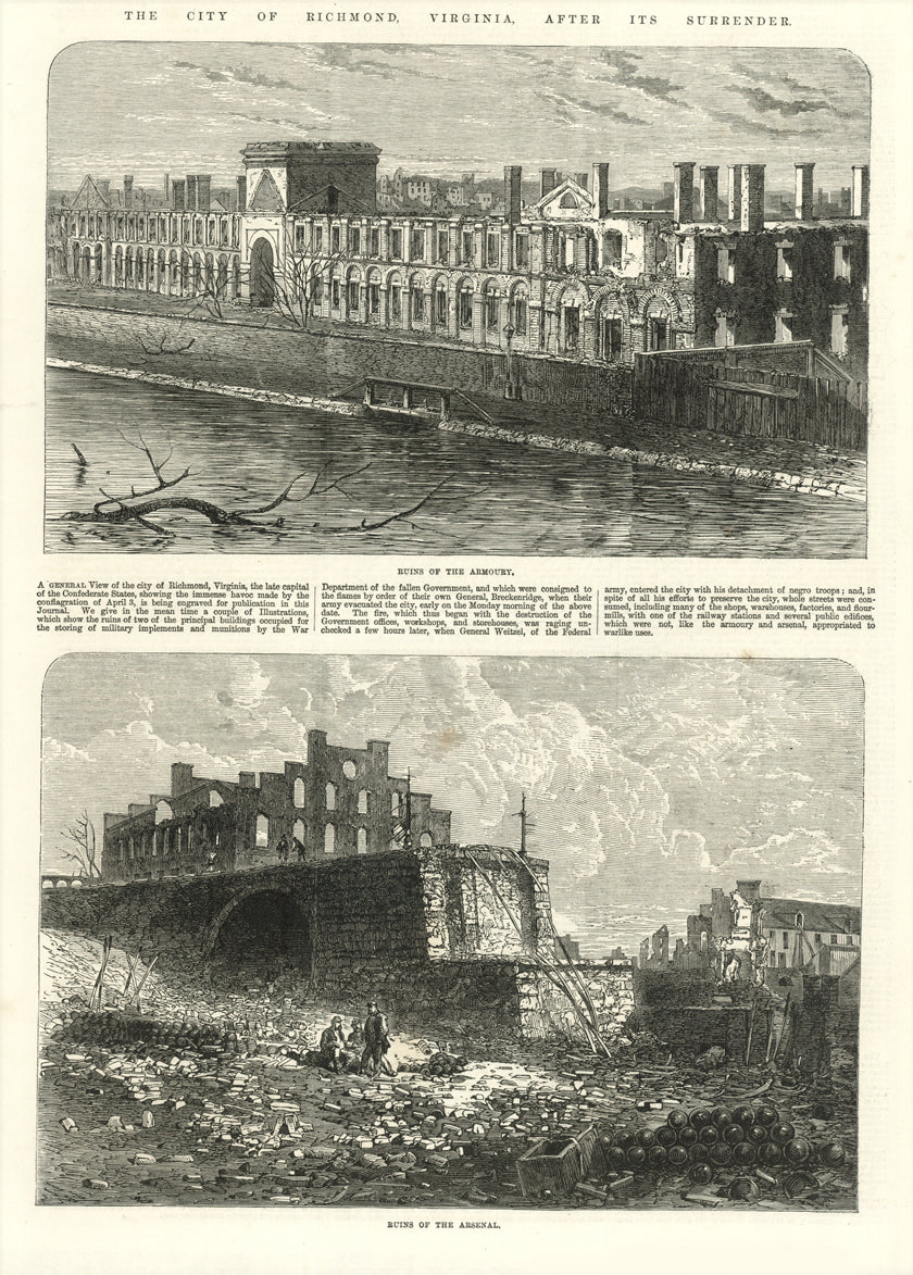 "The City of Richmond, Virginia, After its Surrender"  Upper image "Ruins of the Armoury"  Lower image: "Ruins of the Arsenal"  Wood engraving dated 1865  Original antique print  