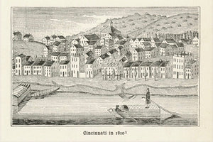 "Cincinnati in 1810"  Wood engraving on a page of text about Indiana that continues on reverse side.  Published ca 1880.