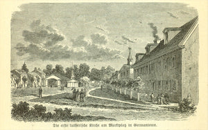 "Die erste lutherische Kirche am Marktplatz in Germantown"  Wood engraving on a page of text about early history of Germantown. Text continues on reverse side. Published 1885.