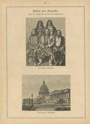 "Bilder aus Amerika"  Images from America Upper image: "Ute Indianer Haeuptlinge" Lower image: "Das Kapitol in Washington"  Wood engravings published 1880. On the reverse side is unrealted text.  Original antique print , interior design, wall decoration, ideas, idea, gift ideas, present, vintage, charming, special, decoration, home interior, living room design