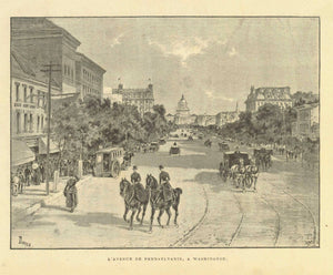 "L'Avenue De Pennsylvania, A Washington"  One of the the world's most famous avenues. This print is seldom.  Zincograph published ca 1890.  Original antique print    On the reverse side is text about Mississippi.