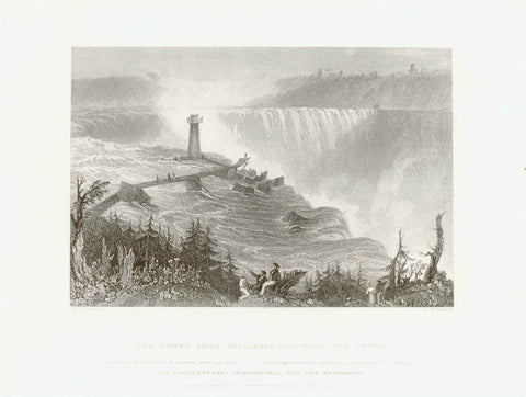 "The Horse Shoe Fall, Niagra, With The Tower"  Steel engraving by R. Brndard after W. H. Bartlett. Published in London ca 1850.  Original antique print  