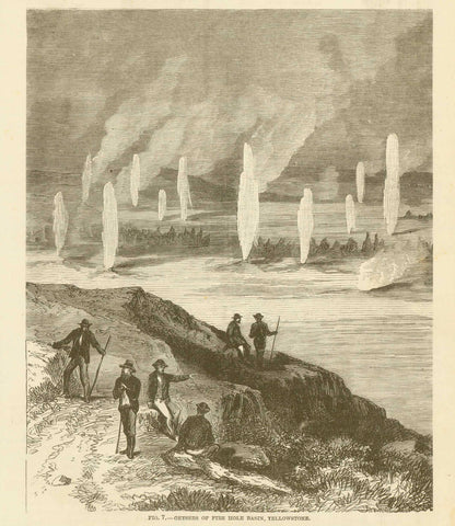 "Geysers of the Fire Hole Basisn, Yellowstone"  Wood engraving published ca 1880.  Original antique print 