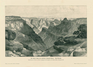 "Der Grand Canyon des westlichen Colorado Flusses. Nord Amerika"  Wood engraving after Clarence Dutton, published 1895. Vertical centerfold. Very light spots in upper margin near edge.