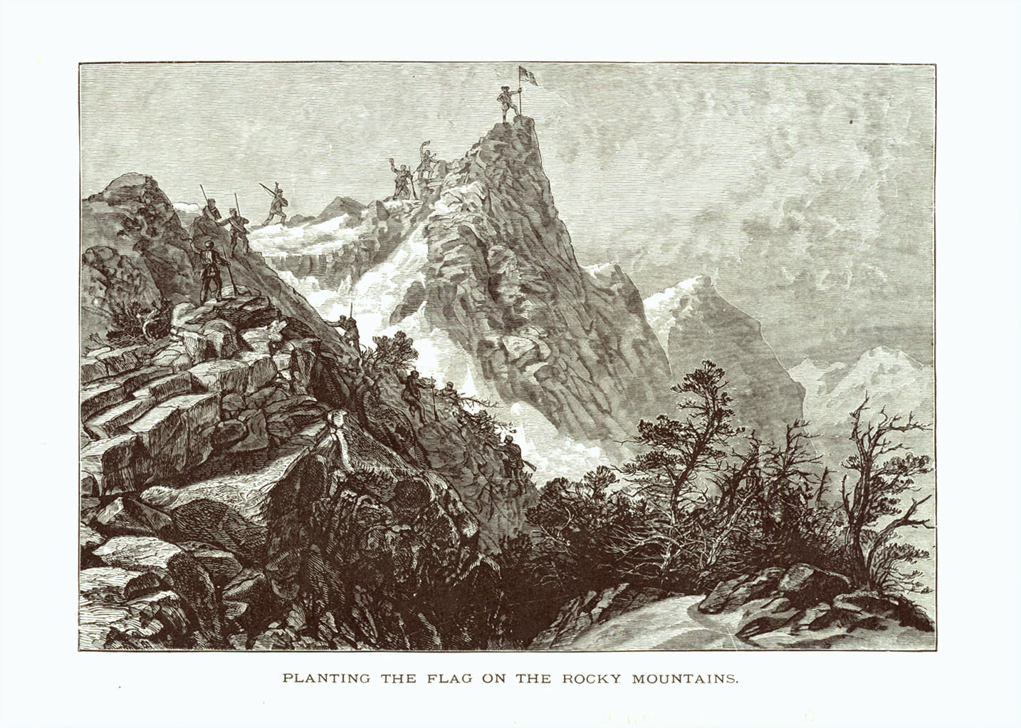 "Planting the Flag on the Rocky Mountains"  Wood engraving published ca 1875. On the reverse side is a small image of mining in Colorado plus text.