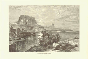  "Cliffs of the Green River"  Wood engraving published ca 1875. On th reverse side is text and an image of Church Butte in Utah.  Original antique print 