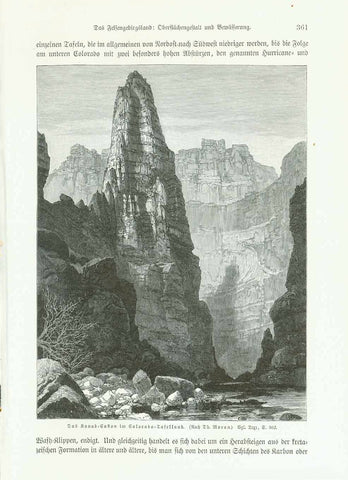    "Das Kanab-Cañon im Colorado-Tafellsnd"  Wood engraving made after a painting by Thomas Moran. Published 1904. German text about Colorado continues on reverse side.  Original antique print , interior design, wall decoration, ideas, idea, gift ideas, present, vintage, charming, special, decoration, home interior, living room design 