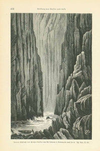 Innere Schlucht des Grossen Canon vom Rio Colorado in Nordamerika"  Artistic wood engraving after Yves published ca 1895.  Original antique print   On the reverse side is German text about the geology of canyons of he Colorado River.