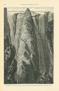 "Seitenpfeier des Grossen Canon vom Rio Colorado in Nordamerika"  Artistic wood engraving after Yves published ca 1895.  Original antique print   On the reverse side is German text about the geology of canyons of he Colorado River. Very light natural age toning.
