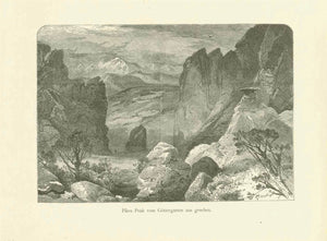 "Pikes Peak von Goettergarden aus gesehen"  Wood engraving of Pikes Peak looking from the Garden of the Gods. Published ca 1880.  Original antique print 
