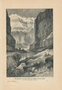 "Marmorschlucht im Cañon-Gebiet des westlichen Colorado-Flusses"  Colorado, Marble Canyon, Colorado River, Coconino County, Navajo Bridge  Wood engraving made after a photograph ca 1900.  Original antique print   