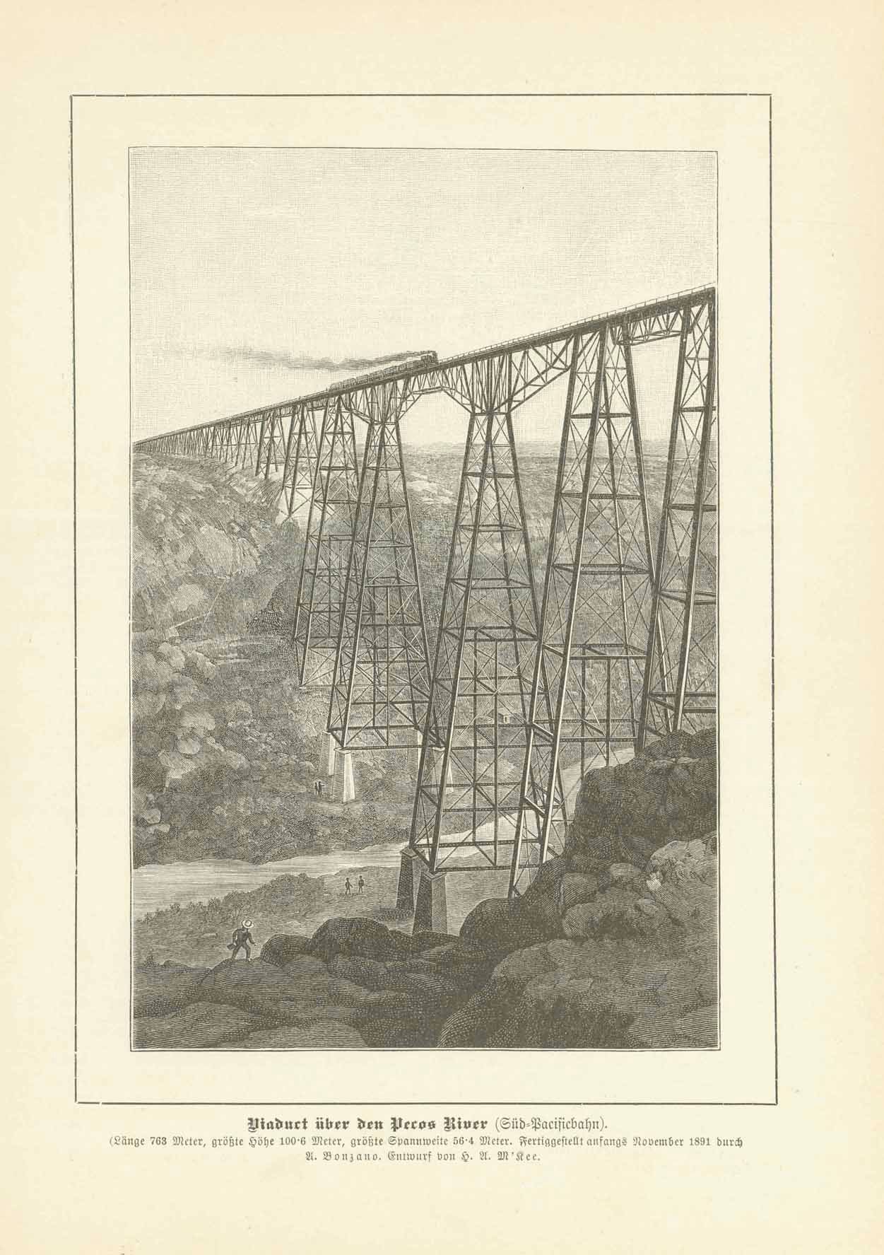 "Viaduct ueber den Pecos River (Sued-Pacificbahn) (Southern Pacific Railroad)  USA, New Mexico, Pecos River, Del Rio, Santa Fe  Wood engraving ca 1895.  Original antique print  