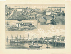 Front side: "Port Townsend Washington" Showing Main Street, Public School; Normal College; and a view of the waterfront.  *****  Reverse side:  Reverse Side: "Port Townsend Washington" Subtitles: A Glim,pse of the city and the harbor from the west; G.W.Downs' sawmill; Along the waterfront.  Anonymous lithograph with toning color. Ca. 1890. Historic views of the still very young seaport and gateway to the Olympic Peninsula. Both sides of print show views.