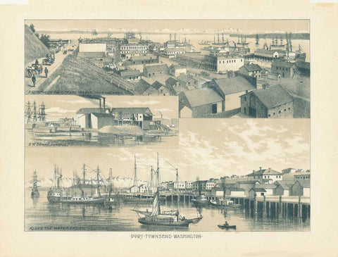 Front side: "Port Townsend Washington" Showing Main Street, Public School; Normal College; and a view of the waterfront.  *****  Reverse side:  Reverse Side: "Port Townsend Washington" Subtitles: A Glim,pse of the city and the harbor from the west; G.W.Downs' sawmill; Along the waterfront.  Anonymous lithograph with toning color. Ca. 1890. Historic views of the still very young seaport and gateway to the Olympic Peninsula. Both sides of print show views.