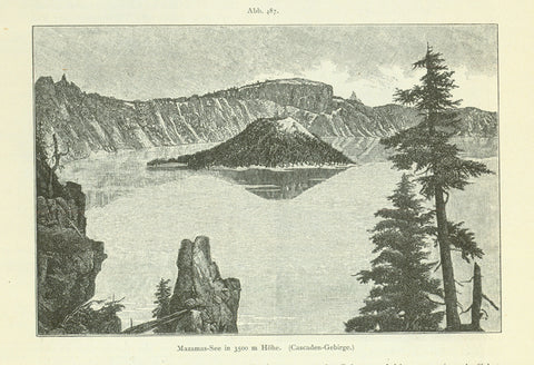 "Mazammas See in 3500m Hoehe. (Cascaden Gebirge)" (Crater Lake in Oregon)  Wood engraving published 1897. Reverse side is printed.