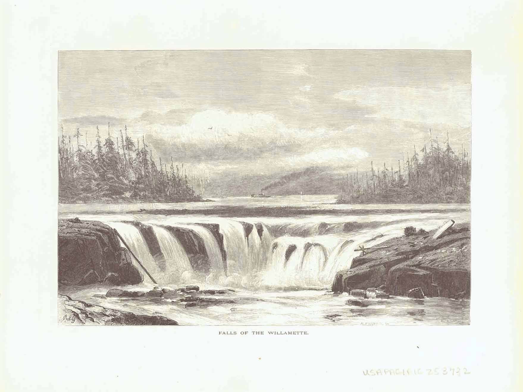 "Falls of the Willamette"  Wood engraving published ca 1875. On the reverse side is text about early exploration and settlement in Oregon.  Original antique print 