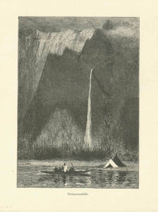 "Muttanomahfaelle" (Multnomah Falls in Oregon)  Wood engraving published ca. 1880.  Original antique print 