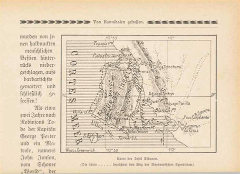 5 separate pages published ca 1900 about Tiburon Island. Text in German. 5 text phoos and a small map of the island. The photos above show Seri Indians. interior design, wall decoration, ideas, idea, gift ideas, present, vintage, charming, special, decoration, home interior, living room design