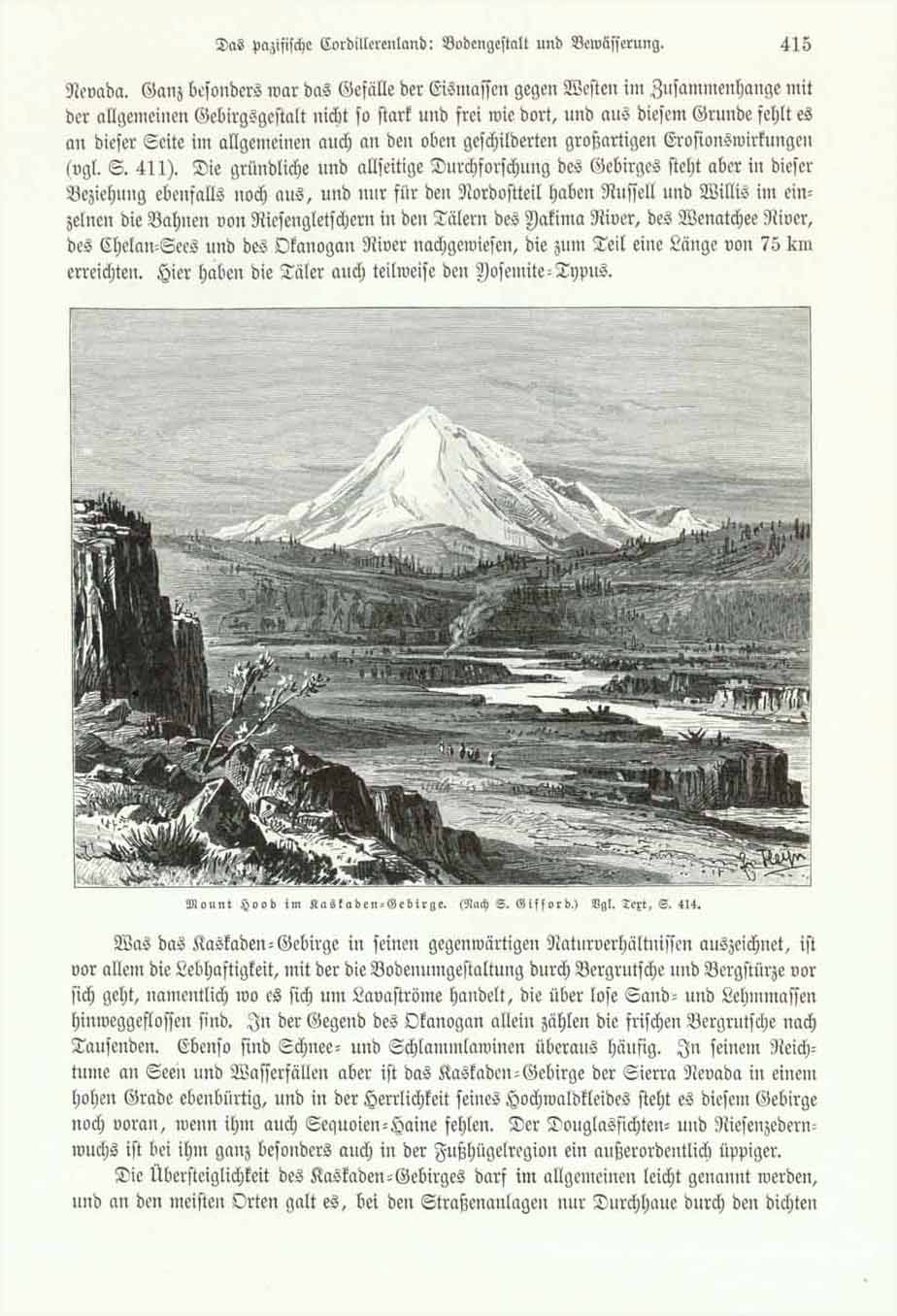 Landscapes, USA, Mount Hood, Cascades, "Mount Hood im Kaskaden-Gebirge"  Wood engraving after Gifford 1904. Text about the  Pacific Northwest continues on reverse side.  Original antique print , interior design, wall decoration, ideas, idea, gift ideas, present, vintage, charming, special, decoration, home interior, living room design