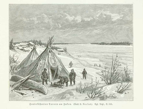"Handelsstation Tanana am Yukon"  Wood engraving on a page of text about Alaska that continues on reverse side. Published 1904.  Original antique print 
