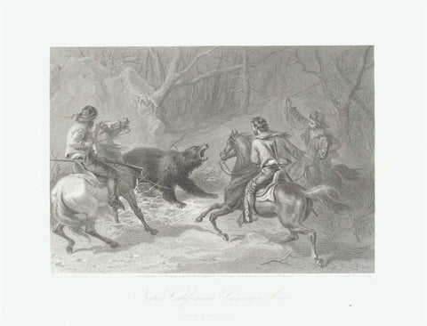 "Native Californians Lassoing A Bear"  Steel engraving by Francis Holl after P. O. C: Darley ca 1850.  Original antique print  