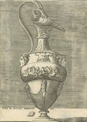 Vase with mythological figures.  Very early copper engraving 1543 by Enea Vico ( born 1523 in Parma, Italy - died 1567 in Ferarra, Italy).  Enea Vico signed his initials EA V in the small tablet in the lower left white area. He was famous for his engravings of vases and grotesque images. In the Tuscany he made prints for Cosimo I de Medici. He made a series of prints of the Women of Augsburg ( Donne Auguste ) in 1557. He made 500 engravings in Ferrara in the palazzo of Alfonso II d'Este.  Original antique p