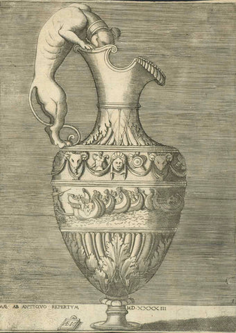 Very early copper engraving dated1543 by Enea Vico ( born 1523 in Parma, Italy - died 1567 in Ferarra, Italy).  Enea Vico signed his initials EA V in the small tablet in the lower left white area. He was famous for his engravings of vases and grotesque images. In the Tuscany he made prints for Cosimo I de Medici. He made a series of prints of the Women of Augsburg ( Donne Auguste ) in 1557. He made 500 engravings in Ferrara in the palazzo of Alfonso II d'Este.   Original antique print 