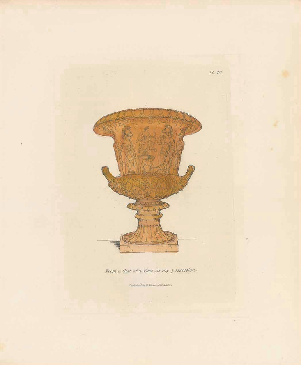 Plate 40 - Hand-colored copper etching  "From a Cast of a Vase in my possession"  Published in "Select Greek and Roman Antiquities from Vases, Gems and other Objects of the Choicest Workmanship"  By Henry Moses (1781-1870)  London, 1811  Original antique print , interior design, wall decoration, ideas, idea, gift ideas, present, vintage, charming, special, decoration, home interior, living room design