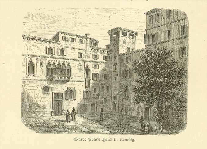 "Marco Polo's Haus in Venedig"  Wood engraving on a page of text about Marco Polo that continues on the reverse side.  Published 1881.