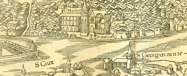 Venice. - "Contrafhetung der fuernemen statt Venedig sampt den umligenden inseln"  Half bird's eye view of Venice  Woodcut.  Published in "Cosmographia"  By Sebastian Muenster (1488-1552)German edition  Printer: Petri.  Basel, 1553