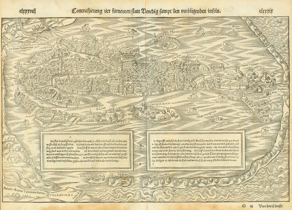 Venice. - "Contrafhetung der fuernemen statt Venedig sampt den umligenden inseln"  Half bird's eye view of Venice  Woodcut.  Published in "Cosmographia"  By Sebastian Muenster (1488-1552)German edition  Printer: Petri.  Basel, 1553