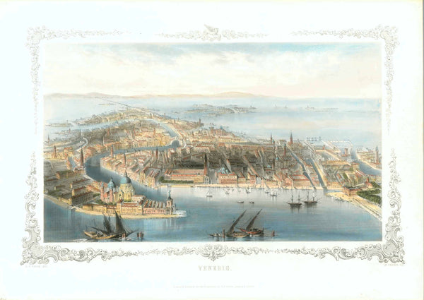 "Venedig" Venice  Steel etching by W. French after the drawing by A.H.Payne. Leipzig and Dresden, ca. 1850  Very finely executed general view of Venice from a bird's-eye position. Surrounded by a decorative bordure.  Attractive hand coloring.  Original antique print , interior design, wall decoration, ideas, idea, gift ideas, present, vintage, charming, special, decoration, home interior, living room design
