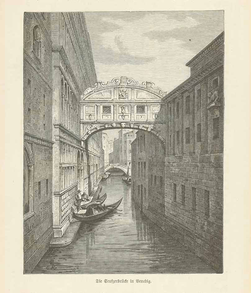"Die Seufzerbruecke in Venedig"  Wood engraving published 1892. Reverse side is printed withunrelated text.  Original antique print , interior design, wall decoration, ideas, idea, gift ideas, present, vintage, charming, special, decoration, home interior, living room design