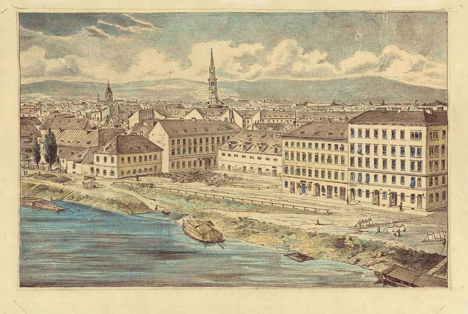 Ohne Titel. Wien-Leopoldstadt - Am Schanzl - Lampelwirtshaus - Donaukanal  Anonyme handkolorierte Lithographie mit dem Blick auf den Wiener Ortsteil Leopoldstadt. Hier war eine Art Hafen, eher eine Lände, wo die Schiffer der Donaukähne ihre Fracht abluden.