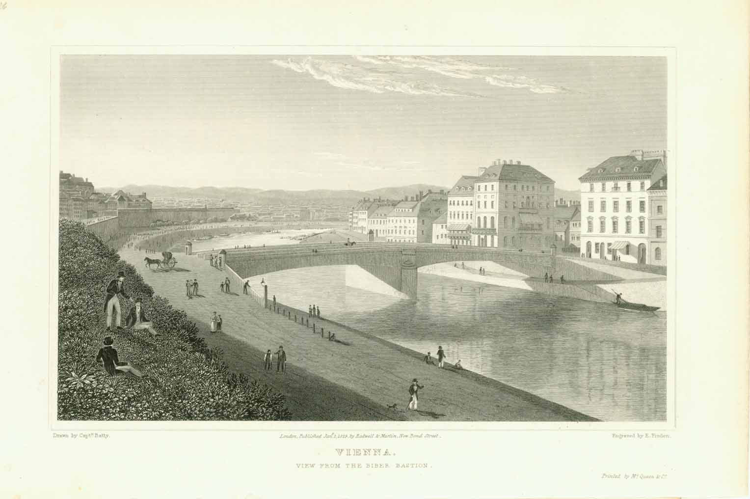 "Vienna" "View from the Biber Bastion"  Steel engraving by E. Finden after Captn. Batty. Dated 1823.  Extra page with a short article in English about this view in Vienna.