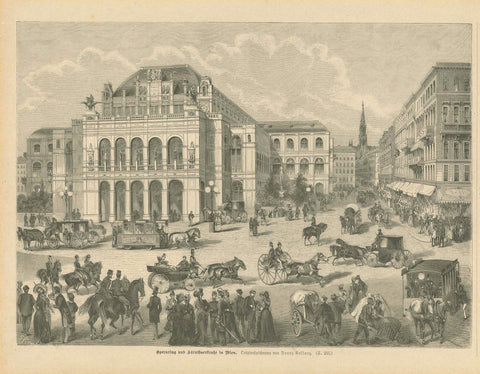 Vienna, "Opernring und Kaernthnerstrasse in Wien"  Wood engraving published 1879. On the reverse side is unrelated text.  Original antique print 