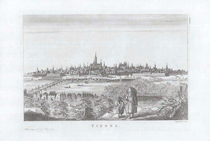 "Vienna"   General panoramic view from the northern bank of the Danube.  Copper etching by F. Garden. Published in "Lo State present di Tutti i Paesi e Popoli del Mondoe" by Salmon. Venice , 1748  Original antique print  