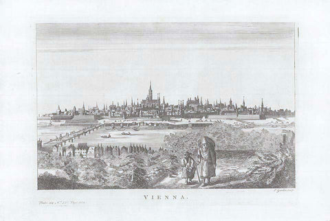 "Vienna"   General panoramic view from the northern bank of the Danube.  Copper etching by F. Garden. Published in "Lo State present di Tutti i Paesi e Popoli del Mondoe" by Salmon. Venice , 1748  Original antique print  