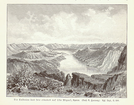 "Die Caldera des Sete Cidades auf Sao Miguel, Azoren"  Wood engraving on a page of text (in German) about Portugal and the Azores. Text continues on reverse side of page. Published 1906.