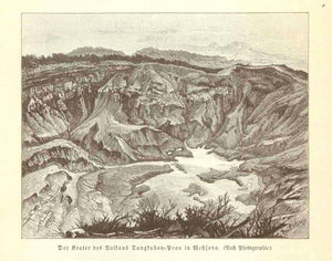 "Der Krater des Vulkans Tangkuban Prau in Westjava"  Wood engraving made after a photograph on a page of text (in German) about Java and Mt. Tangkuban. 