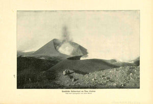 "Parasitische Vulkan Kegel am Aetna (Sizilien)"  Text photo by Ledru Mauro published 1905. On the reverse side is a lava formation image on the Kilauea crater in Hawaii and text.  13.5 x 21 cm ( 5.3 x 8.2 ")