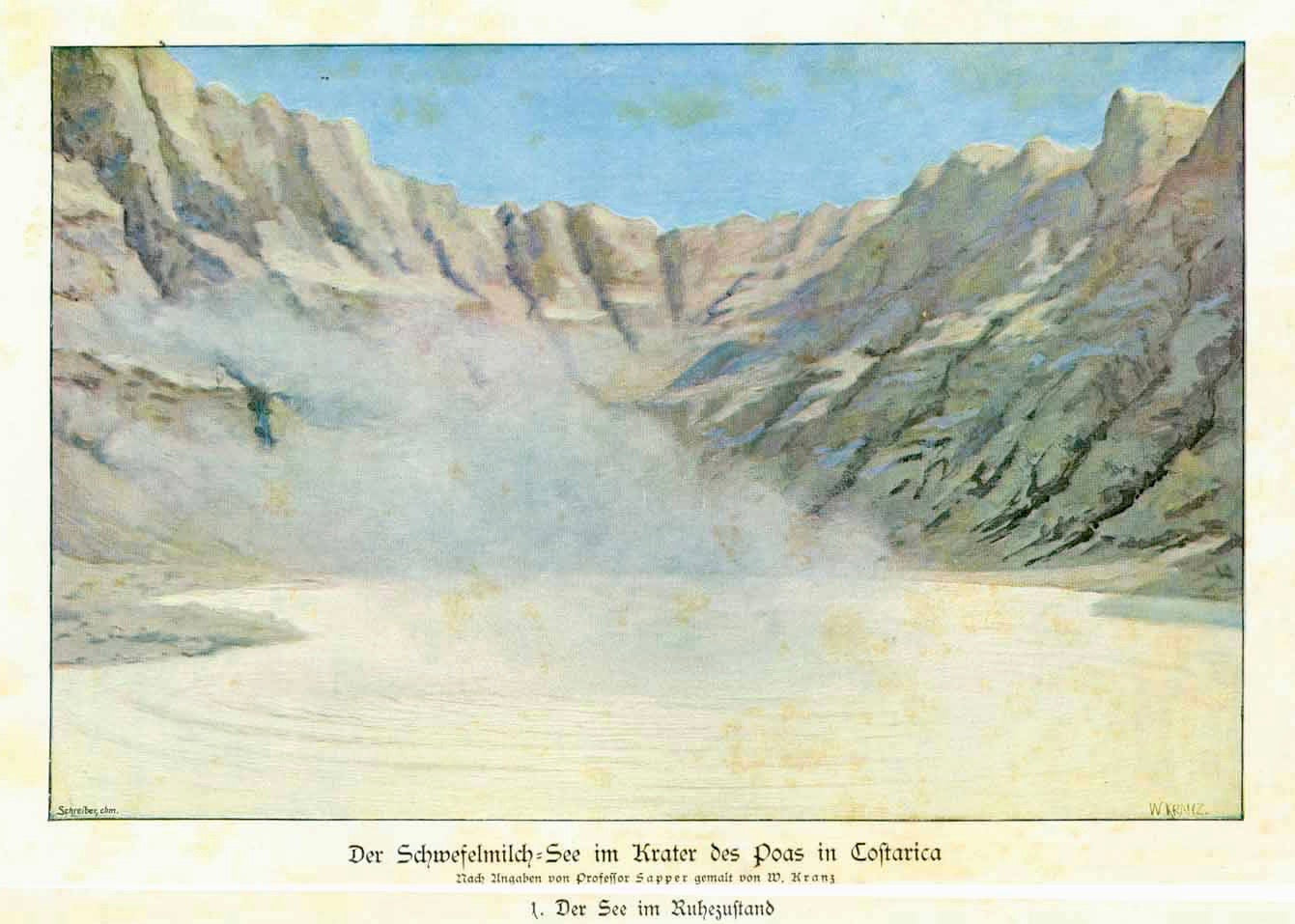 Upper image: "Der Schwefel See im Krater des Poas in Costarica" (the sulfer lake in the crater of Poas in Costa Rica)  Middle image: "Die Schlamm Eruption in der Mitte des Schwelfelmilch Sees" (the eruption of mud in the sulfer lake)  Lower image: "Beendigung der Schlamm Eruption durch Explosion der angesammelten Daempfe" (end of the mud eruption by an explosion of the collected steam)
